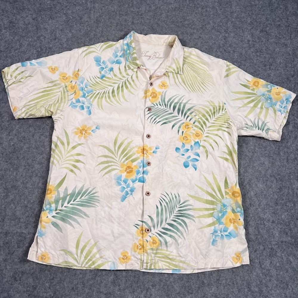 Tommy‎ Bahama Beige Tropical Hawaiian Silk Button Up Shirt Men's Size XL